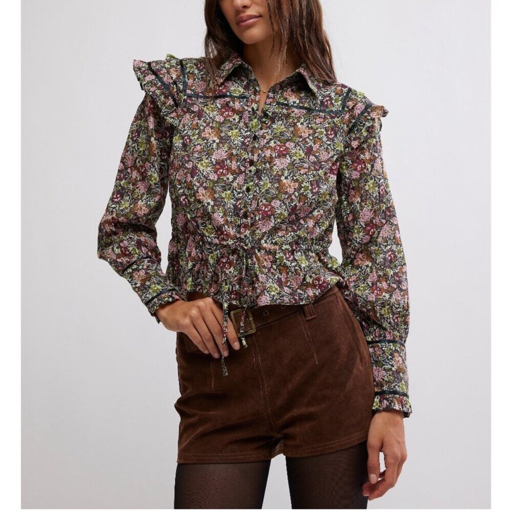 NWOT Free People Printed Daybreak Blouse / Black Combo - Size M